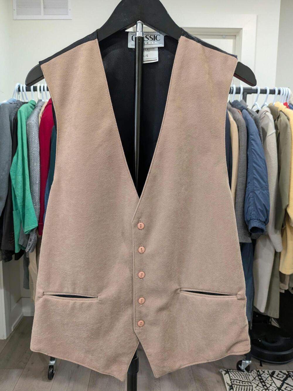 Classic Spirit Faux Suede Vest Made in Canada Tan Black Waistcoat Mens Large